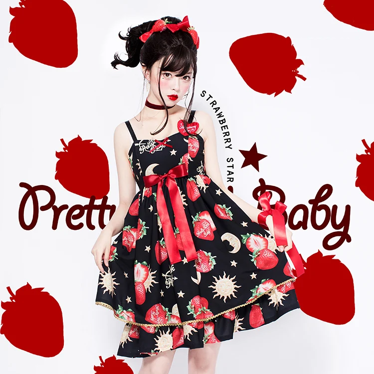 

Star Moon Strawberry Super Cute Women's Lolita JSK Dress Summer Suspender Dress Bows Trim One Piece White/Blue/Black Sweet