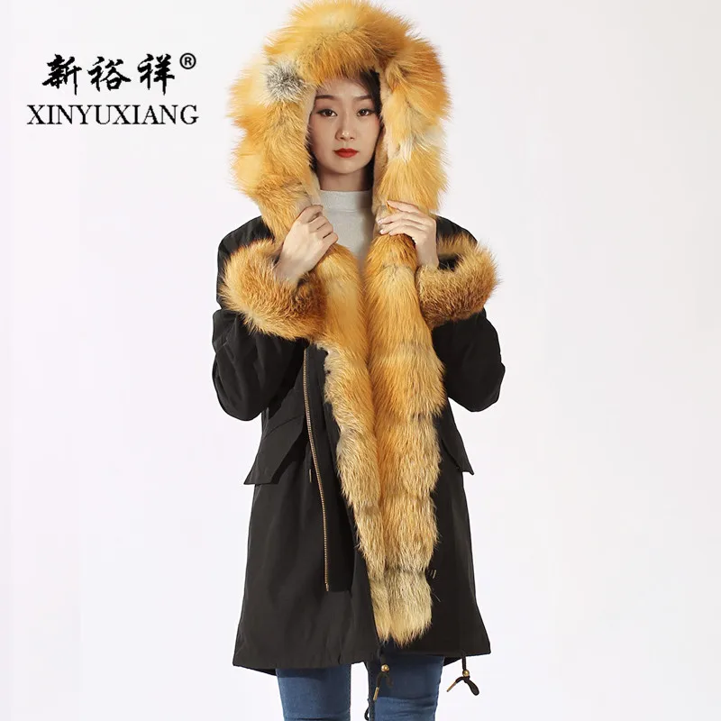 Женские парки XINYUXIANG длинная Черная куртка золотистого цвета с подкладкой из