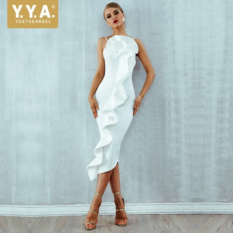 

High Quality Asymmetrical Ruffles Sleeveless Women Dresses Knee Length High Waist Spaghetti Strap Strapless Slim Fit Wrap Dress