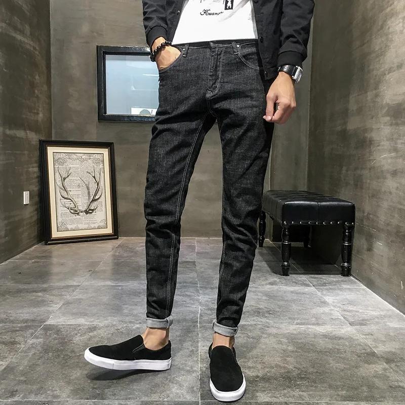 

Skinny Jeans Men's Slim Fashion Pure Black High Quality Jeans Men's Cotton Stretch Denim Pencil Pants
