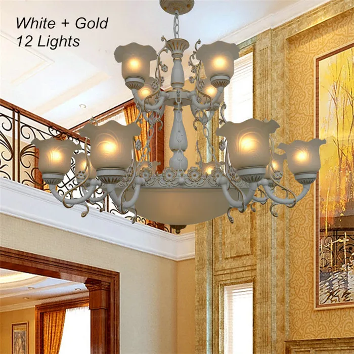 Lustre европейская роскошная люстра со стеклом для гостиной антикварное освещение светильники американский стиль Лофт Ресторан люстра - Цвет абажура: 12 Lights White Gold