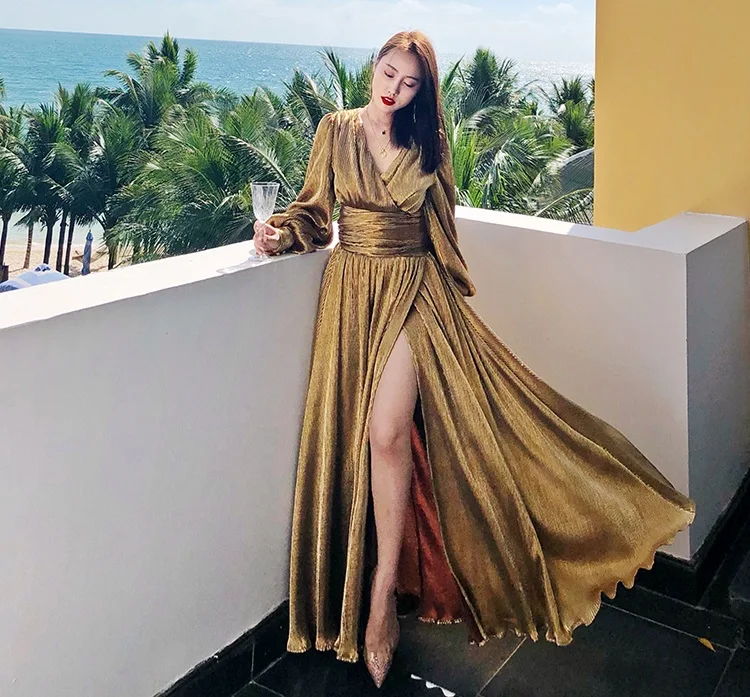 Top Quality New Autumn Winter Long Evening Vestidos Women V-Neck Lux Party Long Sleeve Maxi Dress Grey Champage Ladies