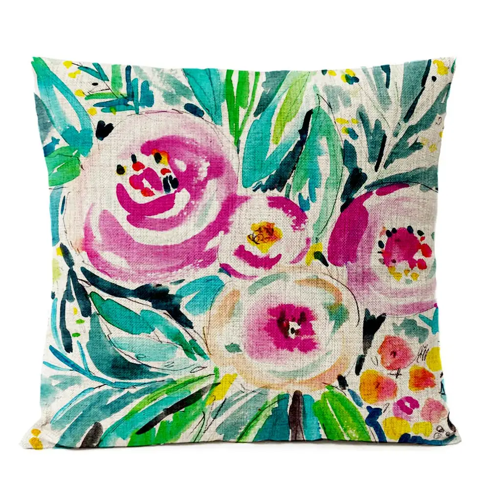 B 45x45cm Декоративная декоративная подушка для дома, Скандинавская Акварельная Цветочная Подушка с птицей, чехол с красным цветком, наволочка для дивана, льняная наволочка - Цвет: B 45x45cm