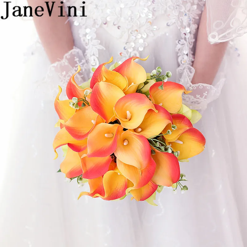 

JaneVini Orange Yellow Calla Lily Wedding Bouquet for Bride Handmade Bridal Flowers Artificial Brooch Bouquet Fleur Artificielle