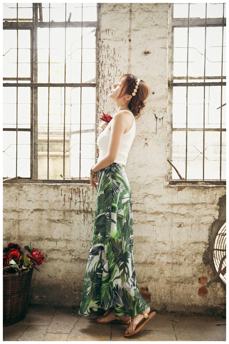 2018 Boho Leaf Print Chiffon Skirt for Women Summer Elastic Waist A-line Long Casual Clothing Vintage Big Hem Female | Женская одежда
