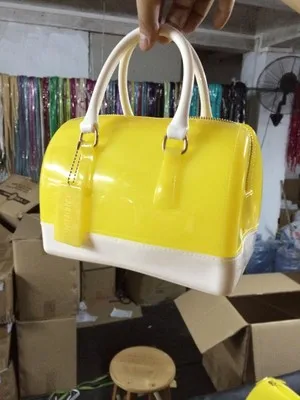 Yellow and white JELLYOOY, средний размер, 22 см, разные цвета, ПВХ, Женская Желейная сумка, подушка, сумка на плечо, карамельный цвет, силиконовая сумка-тоут, пляжная сумка-мессенджер - Цвет: Yellow and white