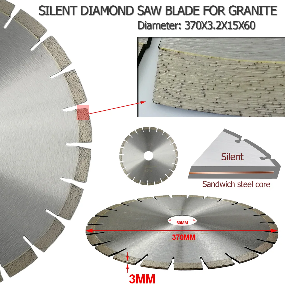 DIATOOL 1pc 14inch 370mm Professional Quality Diamond Silent Saw Blades Granite Sandwich Steel Core Wet Cutting Disc Bore 60MM |