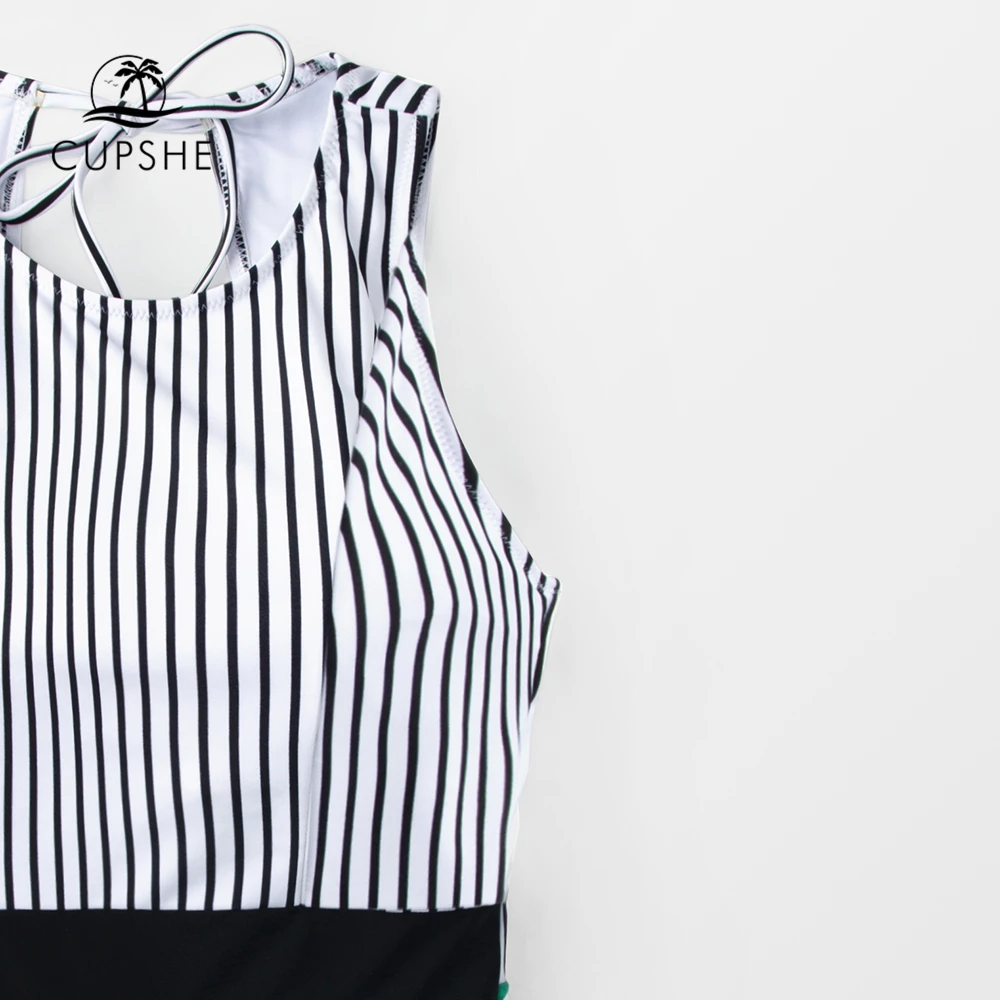 Купальник CUPSHE Женский черный в полоску с зеленым листом | Спорт и развлечения