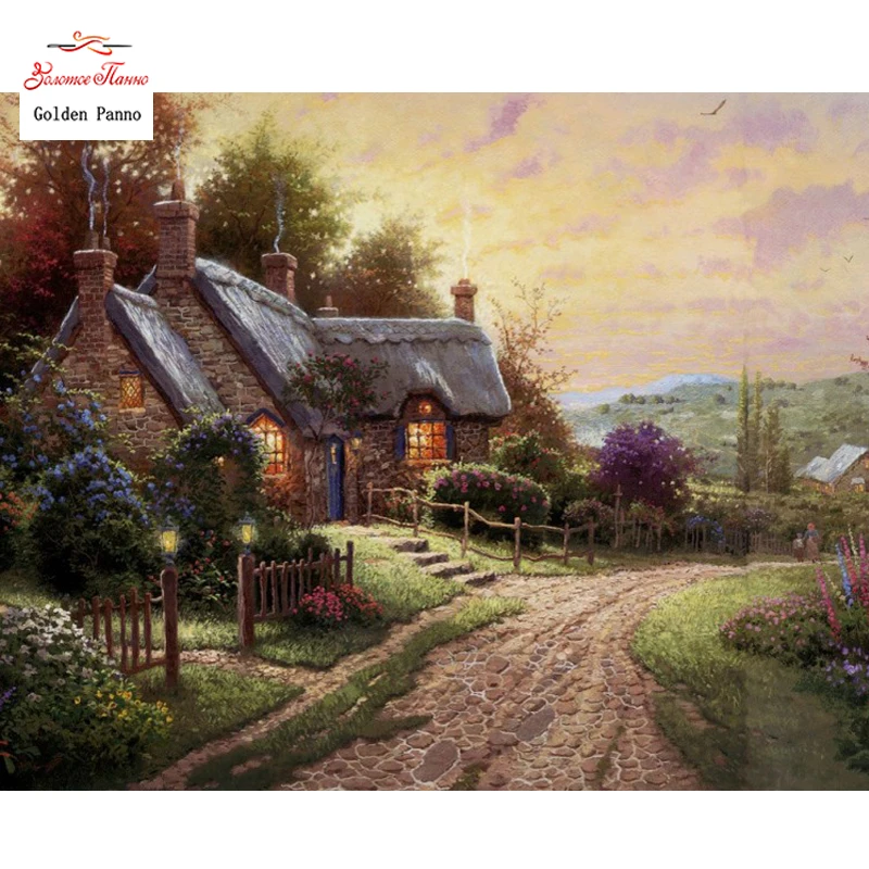 

Golden Panno Needlework DIY DMC 14CT 11CT printed Cross stitch Embroidery kits Happy house white canvas Counted 17