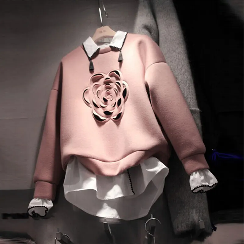 Fake 2 Piece Women's Blouses 3D Cut Flowers Ruffles Tops Shirt Spliced Patchwork Party Nice Pink Blusa Renda Femininas NS713
