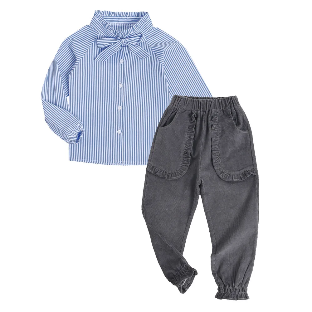 Комплект одежды для девочек Осень зима 2019 Детская полосатая рубашка с галстуком +