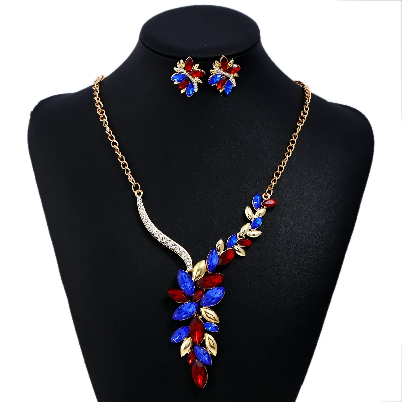 

WNGMNGL 2018 Female Jewelry Sets Luxury Gold-color Crystal Necklace Earrings Set For Women Flower Leaf Wedding Fashion Jewelry
