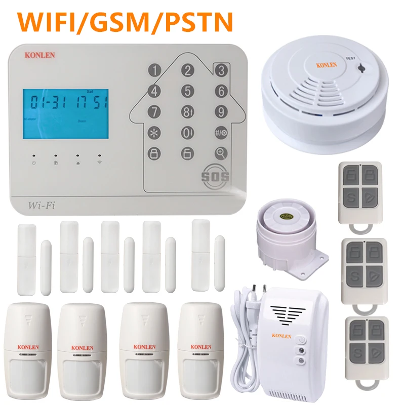 KONLEN wi-fi домашняя Безопасность GSM PSTN сигнализация беспроводные охранные наборы с детектор дыма и газа камера Android IOS приложение управление