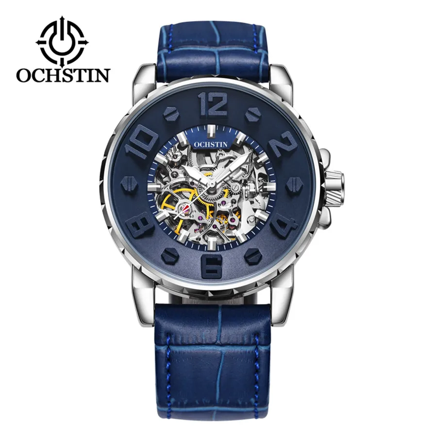 

Original Dimensional dial Classic Skeleton Mechanical Watch Men Blue Leather Strap Top Brand Luxury Man Watches Waterproof clock