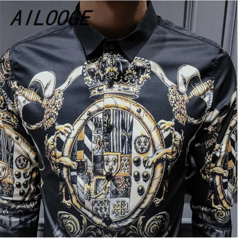 AILOOGE черного и золотого цвета с принтом рубашка 2021 Новый барокко Slim Fit вечерние