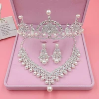 bride crystal pearl costume jewelery sets new design rhinestone choker necklace earrings tiara bridal women wedding jewelry set