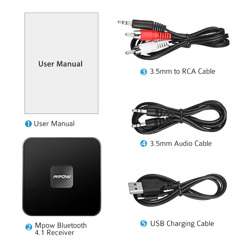 Mpow BH070 Bluetooth 4,1 приемник беспроводной аудио адаптер 15 ч рабочее время с 3,5 мм/RCA/Micro USB портом для автомобиля домашний динамик