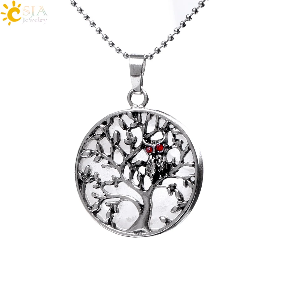 White Crystal Chain CSJA, ожерелья и подвески из натурального камня, древнее серебро, полое Дерево жизни, круглые плоские бусины, кулон для женщин и мужчин, ювелирные изделия F165 - Окраска металла: White Crystal Chain