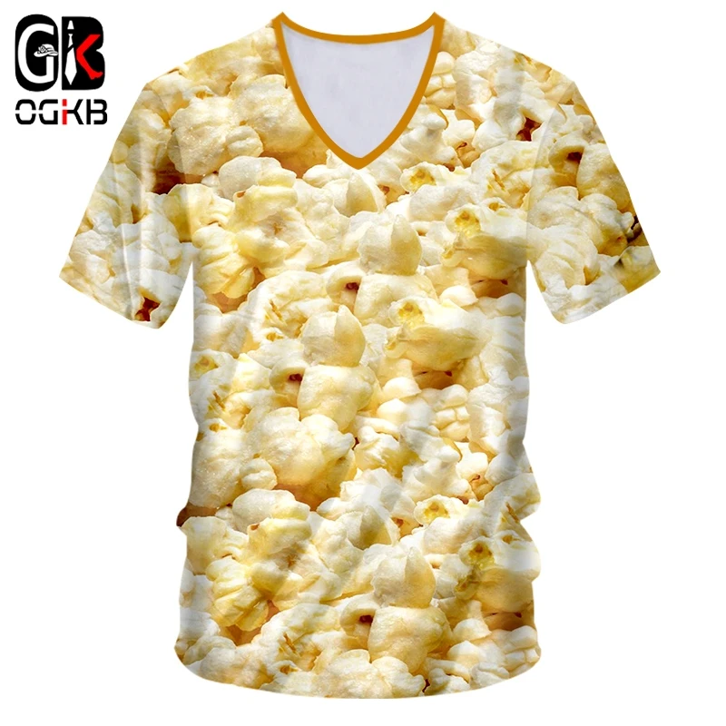 

OGKB Deep V neck T shirt Hombre Short Sleeve 3D Printed Popcorn Streetwear Oversized Garment Hombre Tee Shirt Dropshipping