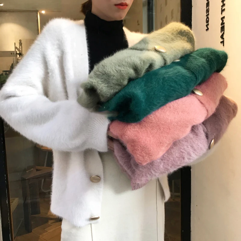 Oversized Faux Mink Cardigan Women 2020 Autumn Winter Outerwear V-Neck Kardigan Clothes Jumper Pull Femme Loose Sweater |