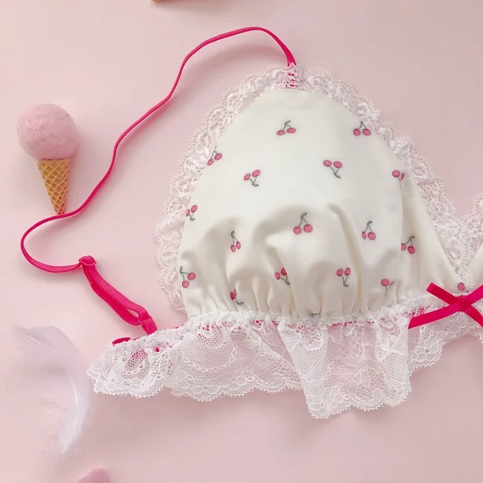Милый комплект японских бюстгальтеров и трусиков с розовыми вишенками Мягкое