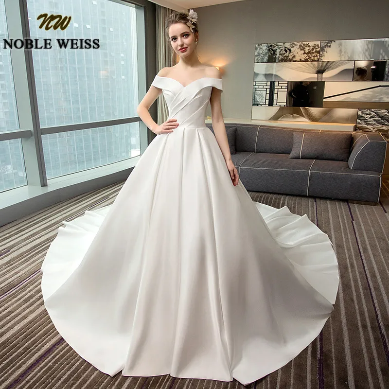 NOBLE WEISS Luxury Satin White Wedding Dresses A-line Long Court Train Bridal Gowns With Sexy Off the Shoulder Vestido De Novias | Свадьбы и