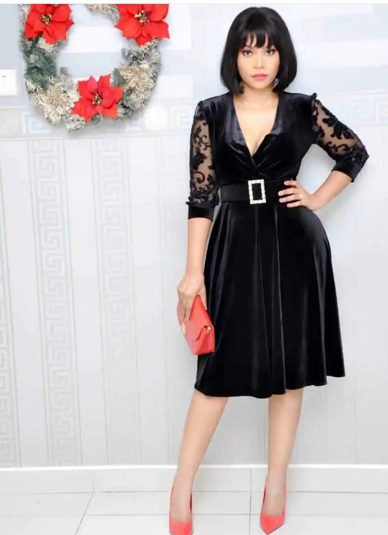 Женское бархатное платье в стиле пэчворк с кружевными рукавами и поясом на талии