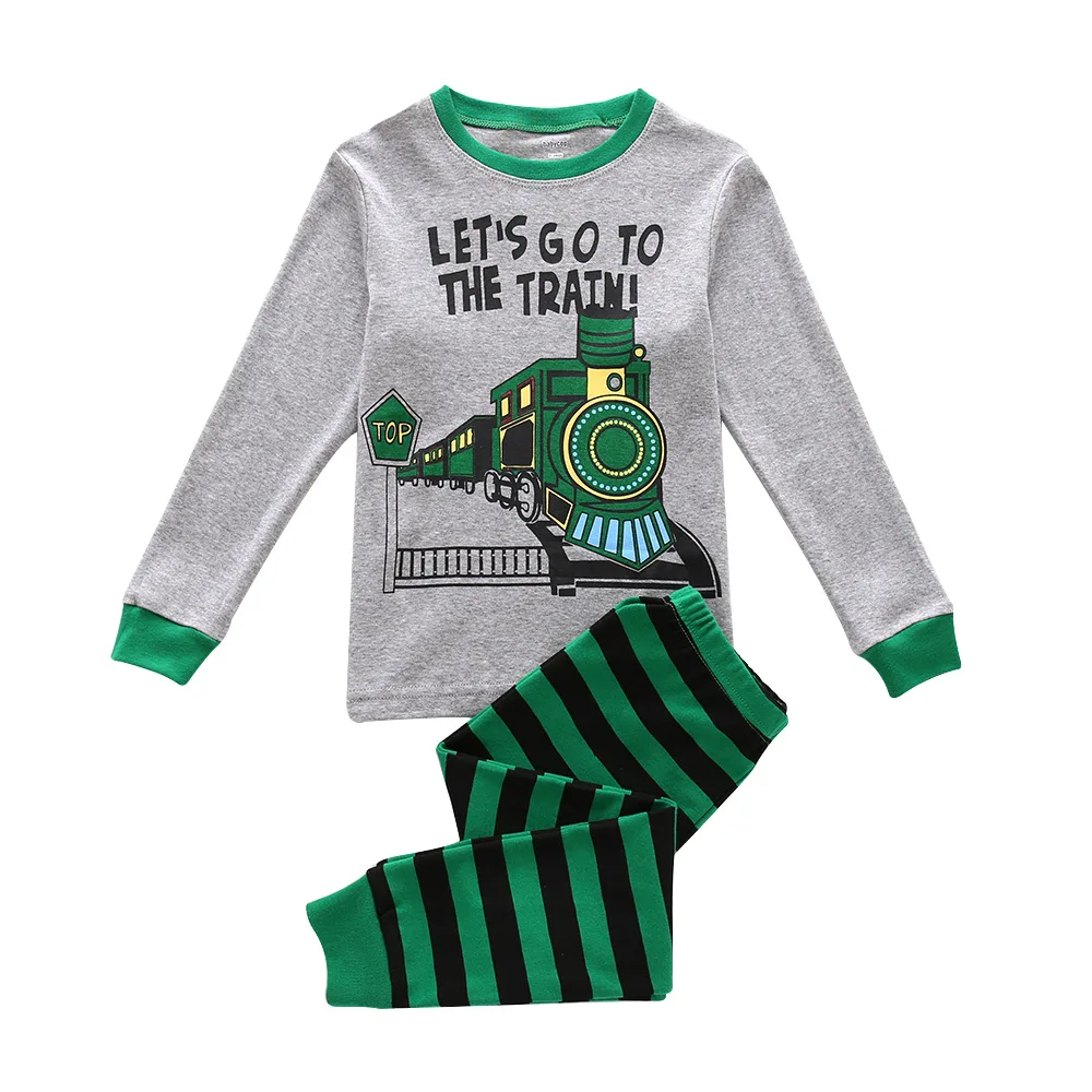 Пижамы для мальчиков хлопковые пижамы Футболка с принтом Let's Go To The Train и штаны в