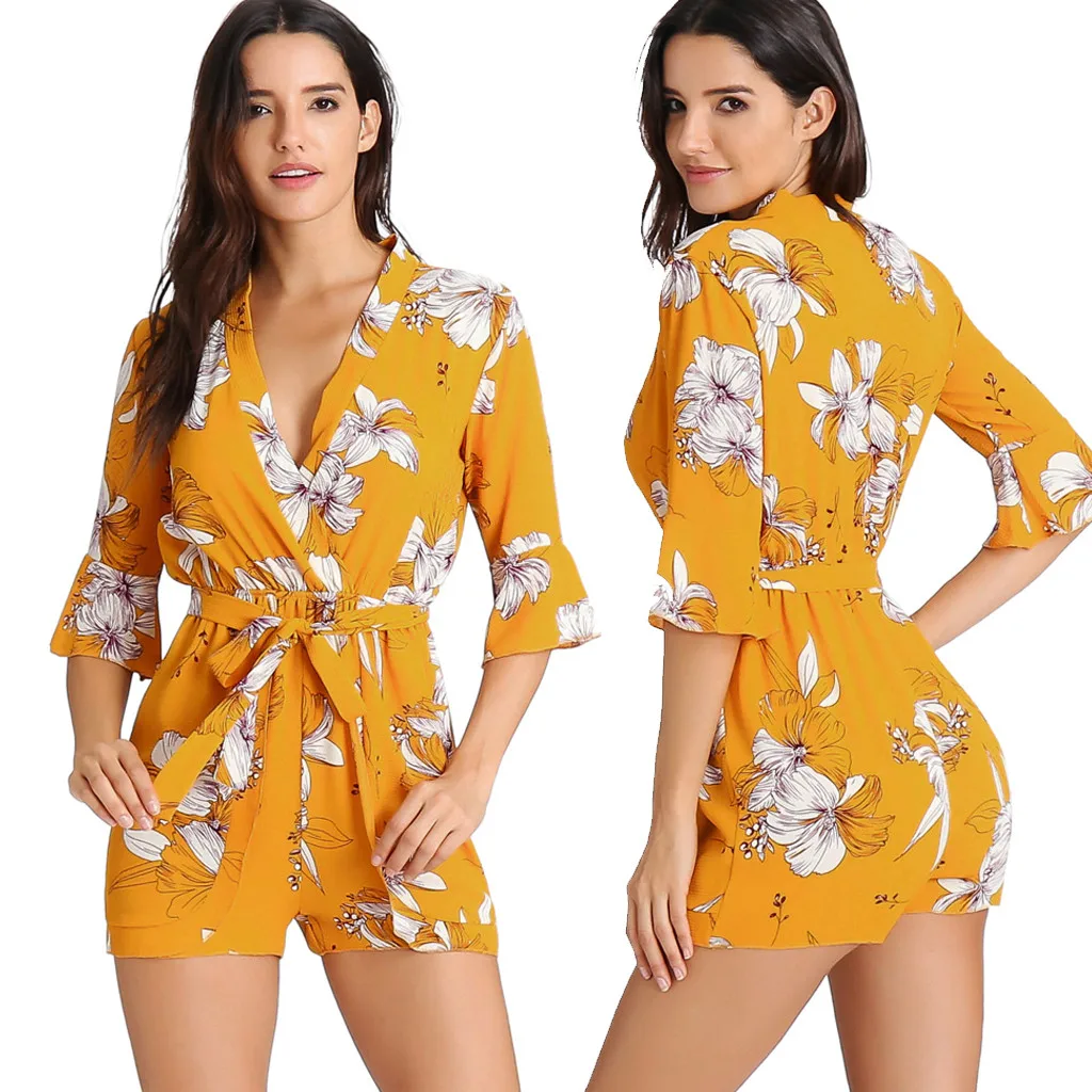 Летний женский комбинезон комбинезоны с V образным вырезом и бантом женские