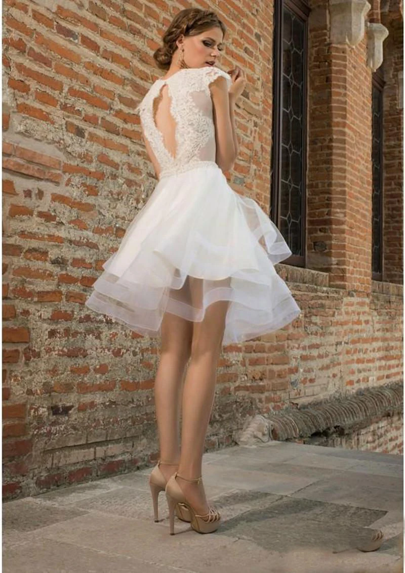 

Knee Length Muslim Wedding Dresses Deep-V Short Sleeves Appliques Vestido De Noiva Boho Dubai Arabic Wedding Gown Bridal