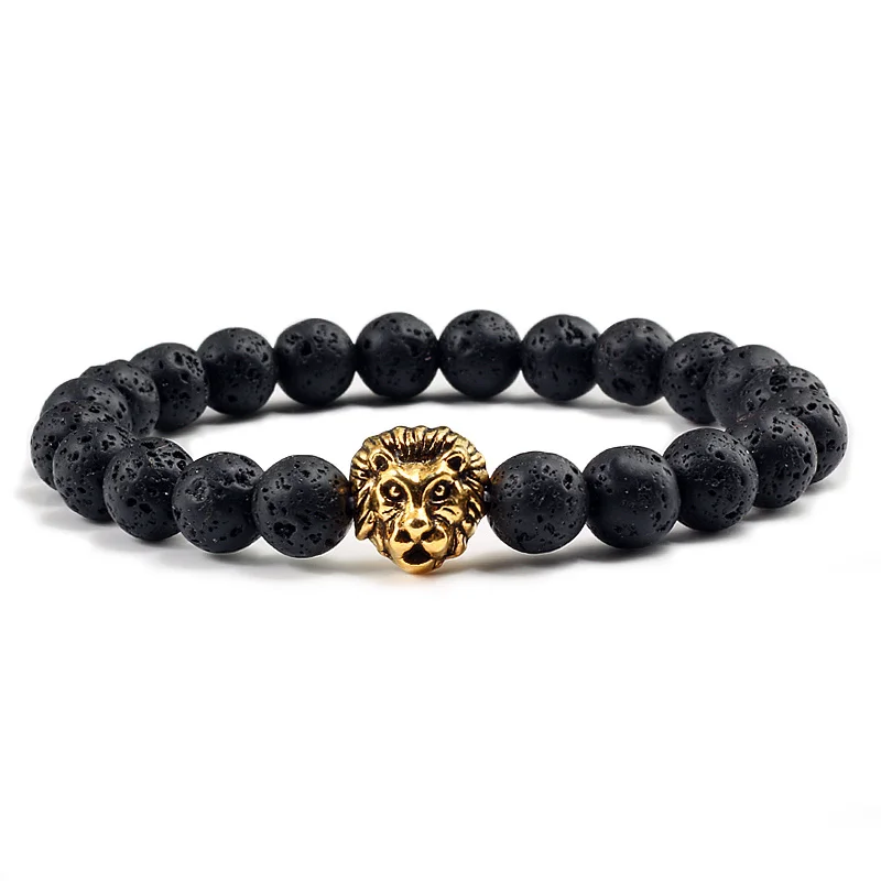 Lava stone gold Высокое качество, ручная работа, черные выветриваемые браслеты для женщин, натуральный камень, бусины, цепи, мужские, голова льва, Barcelets, золотые ювелирные изделия и браслет - Окраска металла: Lava stone gold