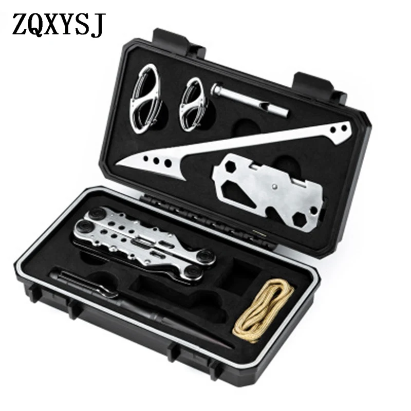 10PCS Outdoor Hiking Camping Multi-purpose Combination Kit EDC Toolbox Set Pliers Carabiner Whistle Tactical Pen Knife First-aid