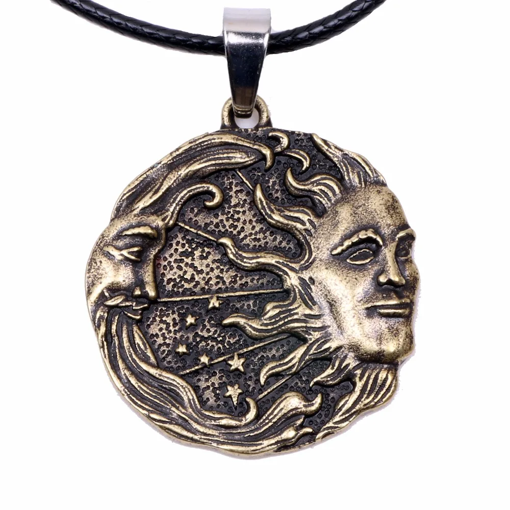 

Sun Moon Stars Amulet Solar Luna Pendant Necklace Pagan Wicca Spiritual Jewelry Gift Men Women Antique Golden