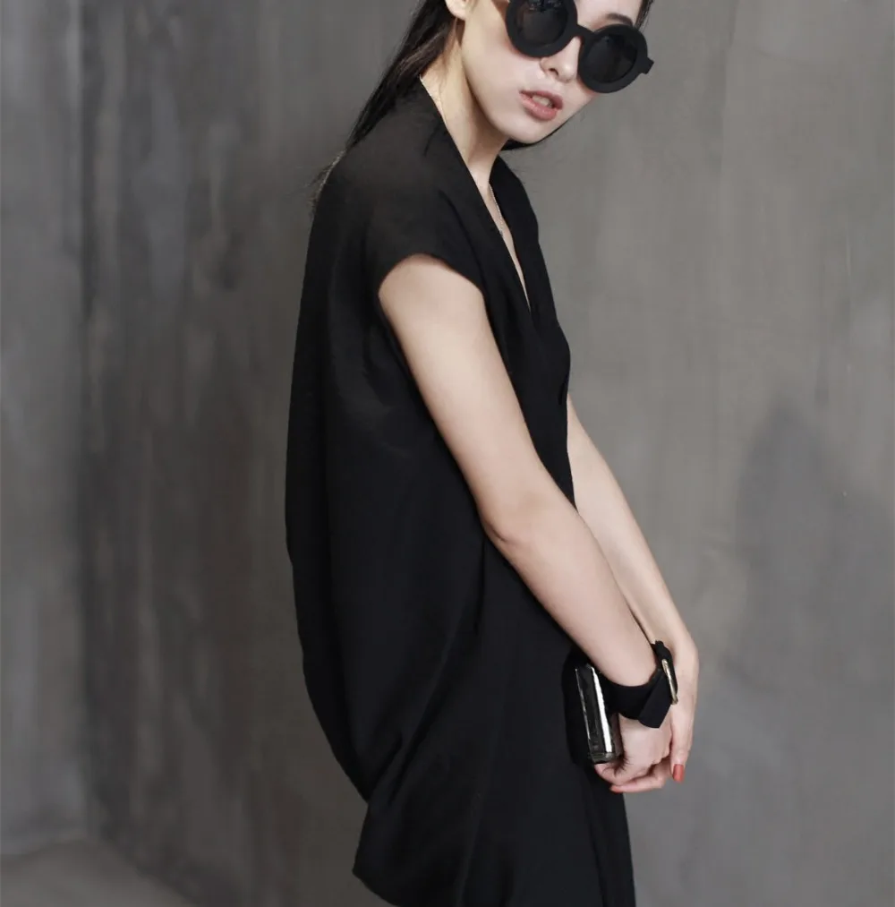 Cakucool New Summer Solid Black Dress V-neck Asymmetric Loose Vestidos Sleeveless Pleats Brief Gothic Dresses Plus Size Sundress | Женская