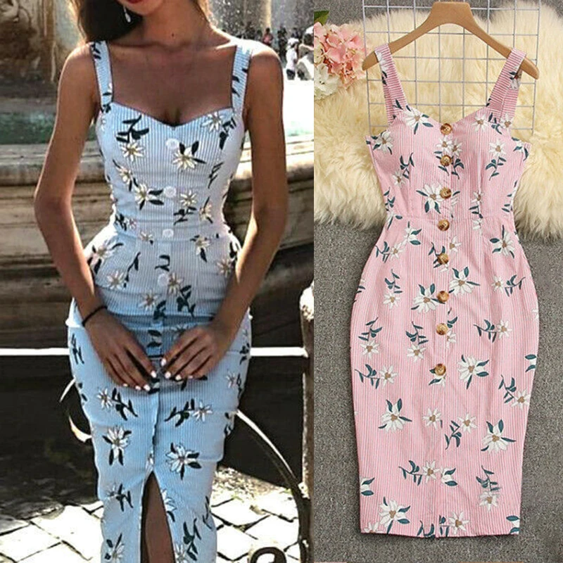 Летнее платье на бретельках в стиле бохо ретро с разрезом пуговицах цветочным