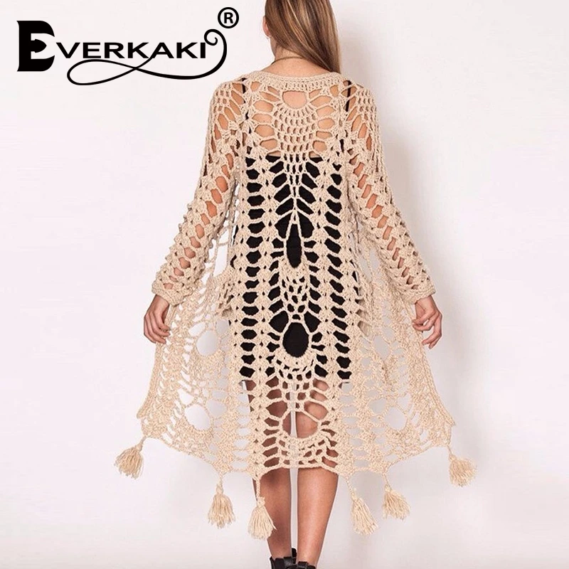 Женский длинный шерстяной кардиган Everkaki в стиле бохо ручной вязки свитер