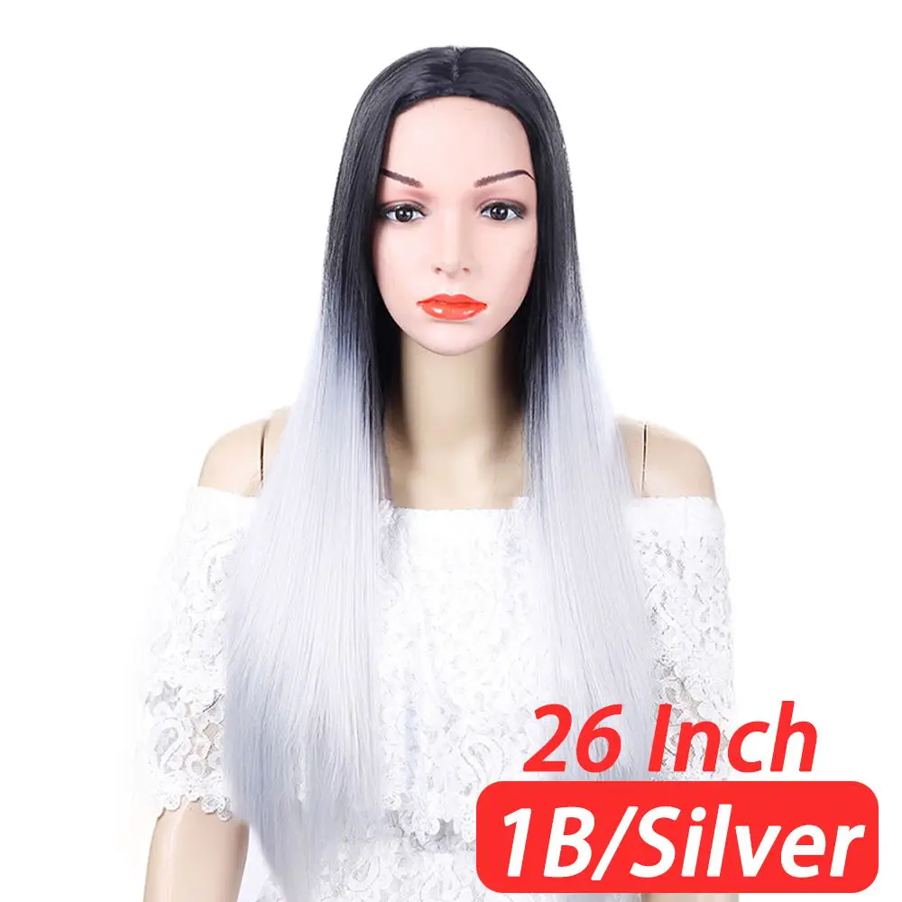 9582-Silver White Длинные Омбре прямой парик синтетические волосы синий фиолетовый жаростойкий парик черный парик косплей для черных женщин Pageup - Цвет: 9582-Silver White