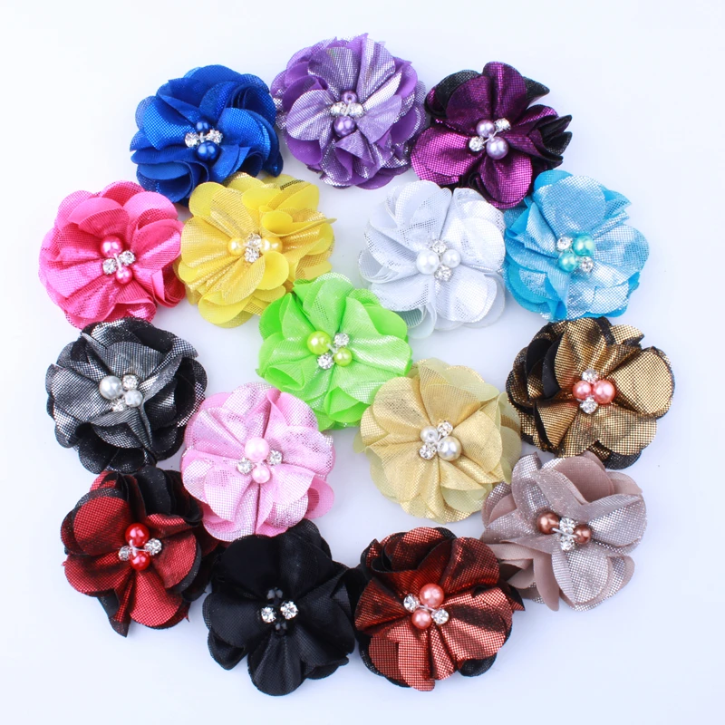 

10PCS 5.5CM Fashion Ruffled Metallic Fabric Flowers With Pearls For Hair Clip Lovely Flora Flower For Shoes Apparel Headwear