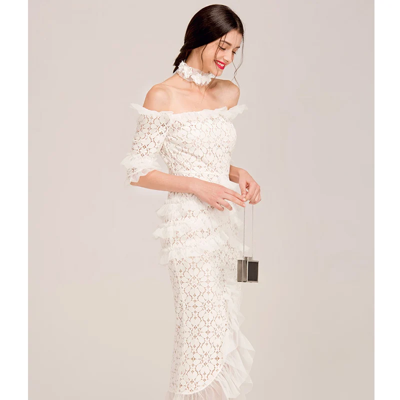 Женское кружевное платье средней длины Тюлевое облегающее с оборками и коротким