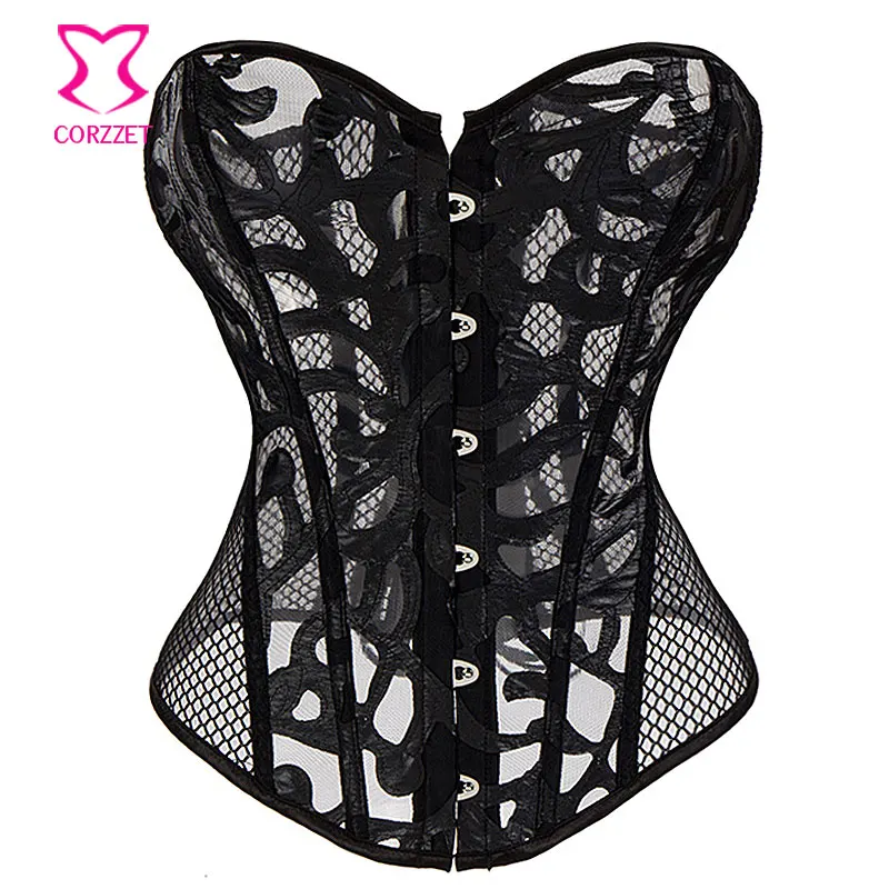 

Black Leather & Fishnet Sexy Corselete Feminino Espartilhos Plus Size Corset 6XL Corsets And Bustiers Gothic Korsett For Women