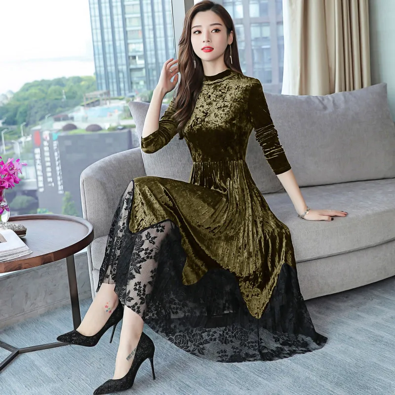 Женское бархатное платье средней длины с длинным рукавом золотистое элегантное