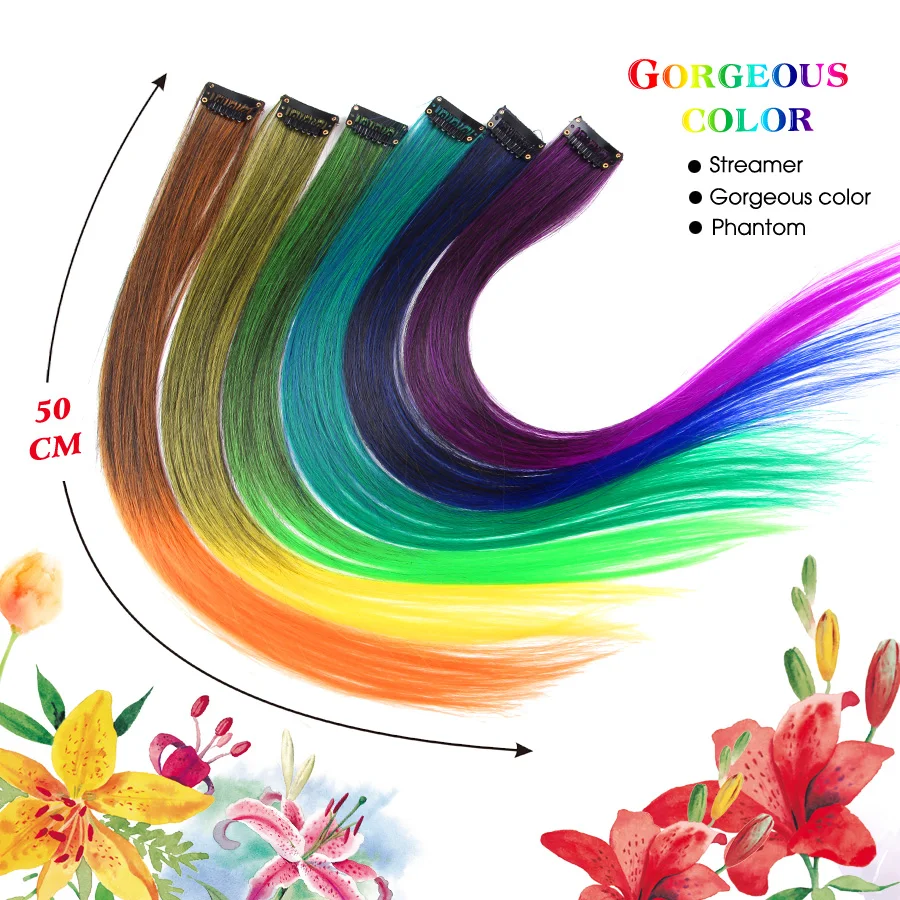 AliLeader Made Synthetic 57 Colors 50CM Single Clip In One Piece Hair Extensions Long Straight Ombre Grey Red Rainbow Hair Piece