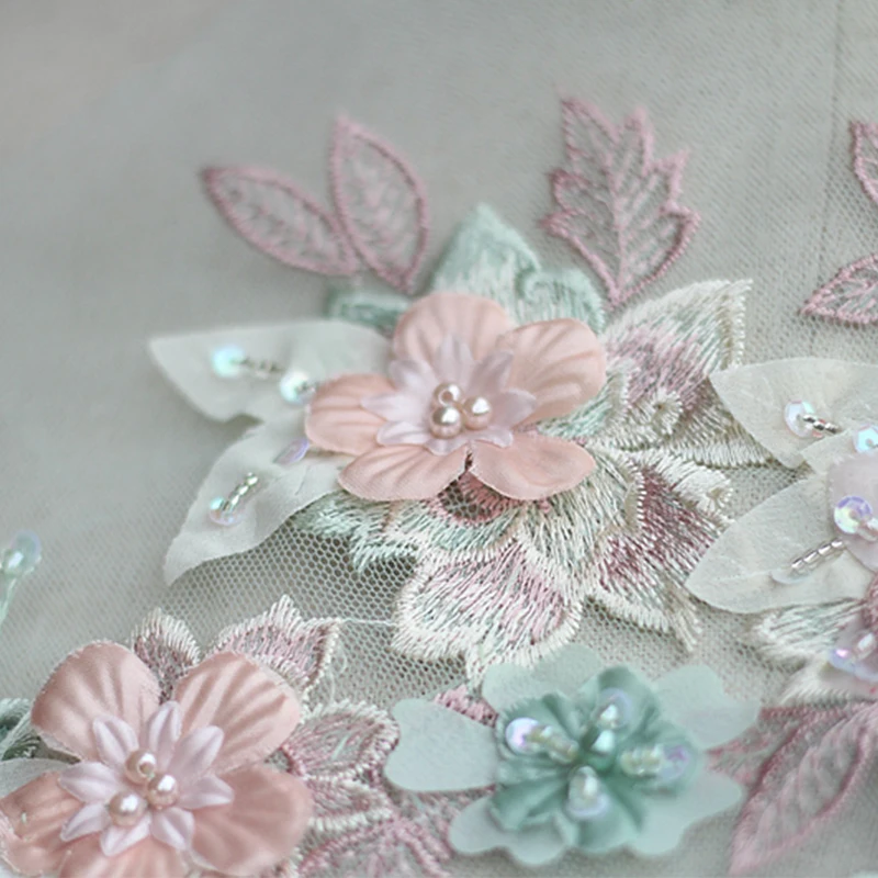 Зеленая Тюлевая Цветочная кружевная отделка вышитая вручную бисером нашивка для