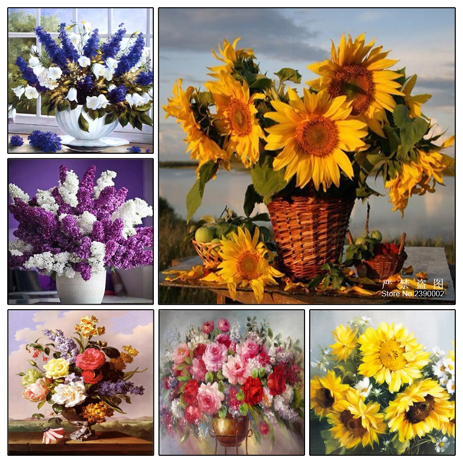 5D DIY Diamond Embroidery Lilacs & Sunflower Cross Stitch Painting Square Drill Mosaic Flower Home Decoration | Дом и сад