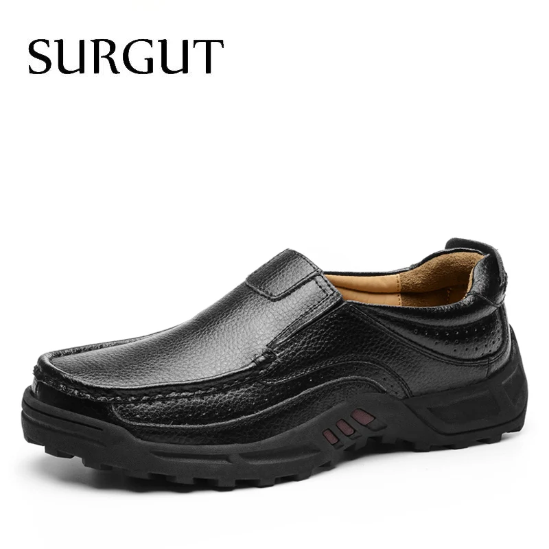 Black Slip On Мужские парадные мокасины без застежки SURGUT, коричневые деловые туфли из натуральной кожи, повседневная обувь на плоской подошве 38-48 размеров для весны и осени - Цвет: Black Slip On