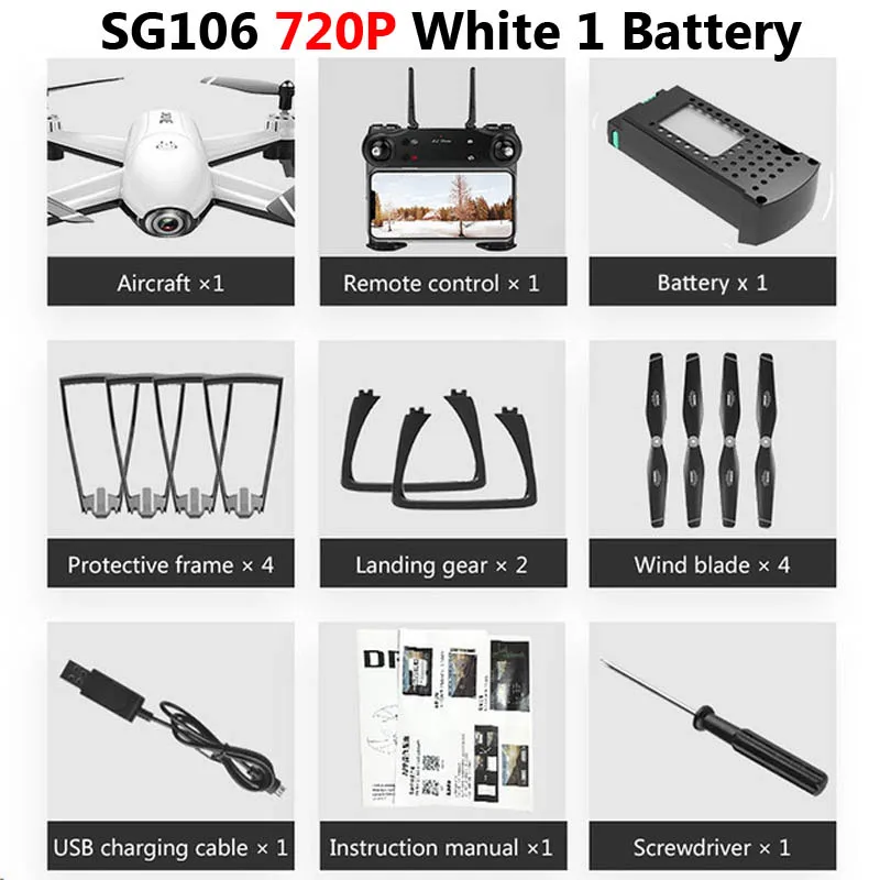White 720P 1Battery Дрон SG106 с двойной камерой 1080P 720P 4K WiFi FPV в режиме реального времени воздушная видео широкоугольный оптический поток RC Квадрокоптер вертолет игрушки - Цвет: White 720P 1Battery
