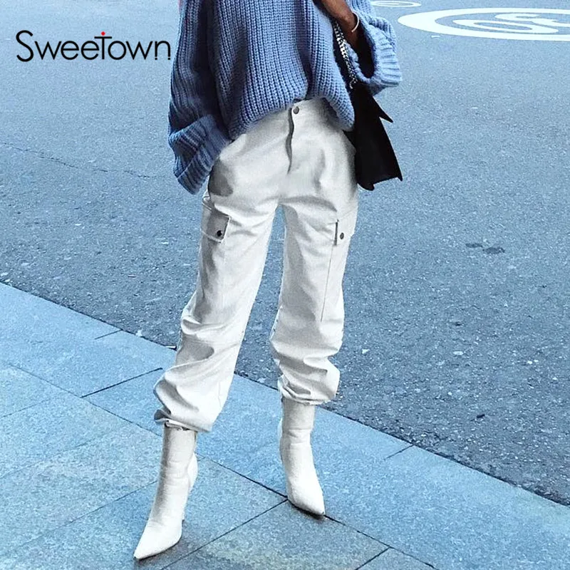 Sweetown корейского размера плюс брюки карандаш для женщин Эластичный Высокая талия Pantalon Femme белый Повседневный карман сбоку летние брюки для женщин s