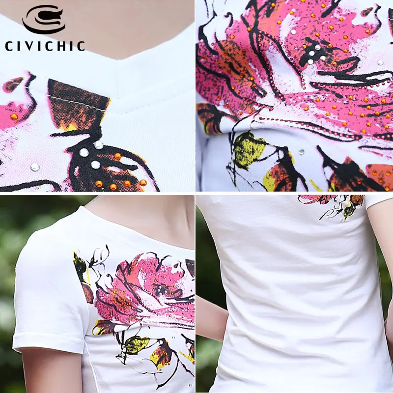 

CIVI CHIC Summer Floral Print Women T-shirt Chinese Ethnic Style Cotton Tops Nail Diamond Tee V Neck Slim Tshirt Plus Size WST39