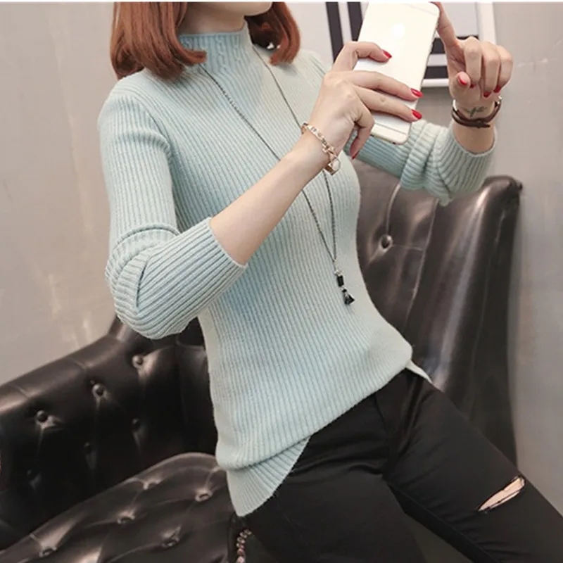 

Autumn Winter Women Pullovers Sweater Knitted Elasticity Casual Jumper Fashion Slim Turtleneck Warm Female Sweaters White W014