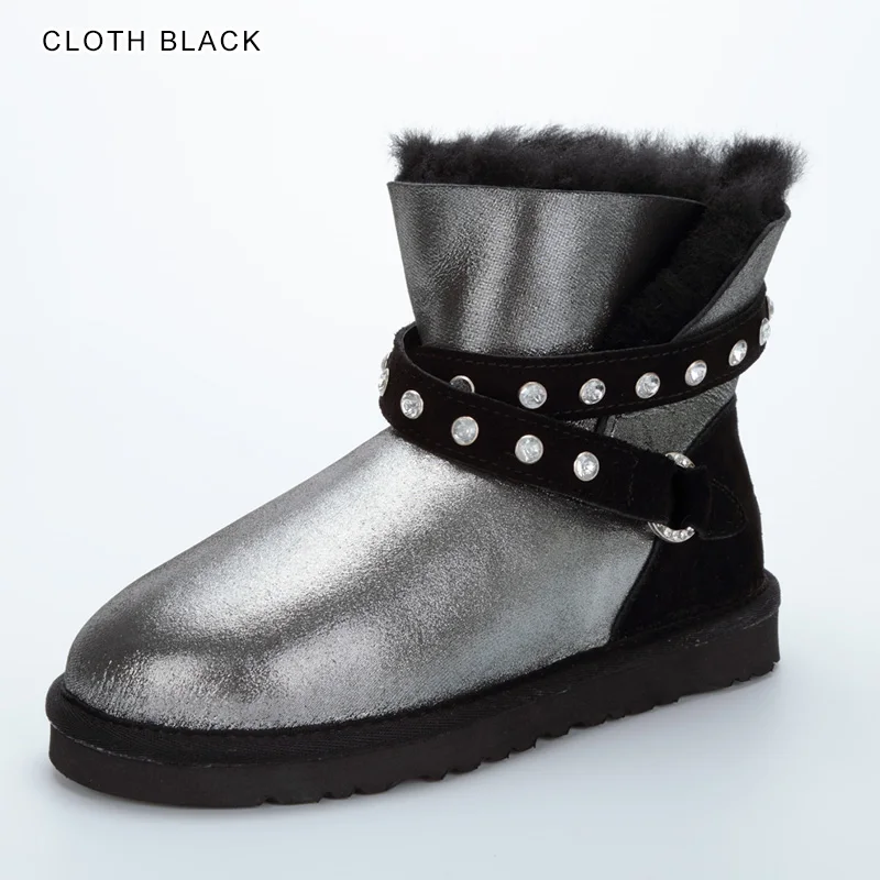 Cloth Black INOE Водонепроницаемые Короткие Зимние ботильоны из овечьей кожи с меховой подкладкой женские зимние ботинки серебристый ремешок с кристаллами теплые модные удобные зимние полусапоги нескользащая плоская подошва - Цвет: Cloth Black